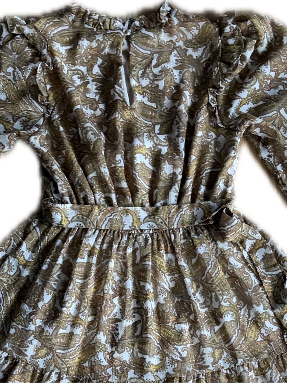 Moon River Brown and Gold Paisley Ruffled Maxi Dress